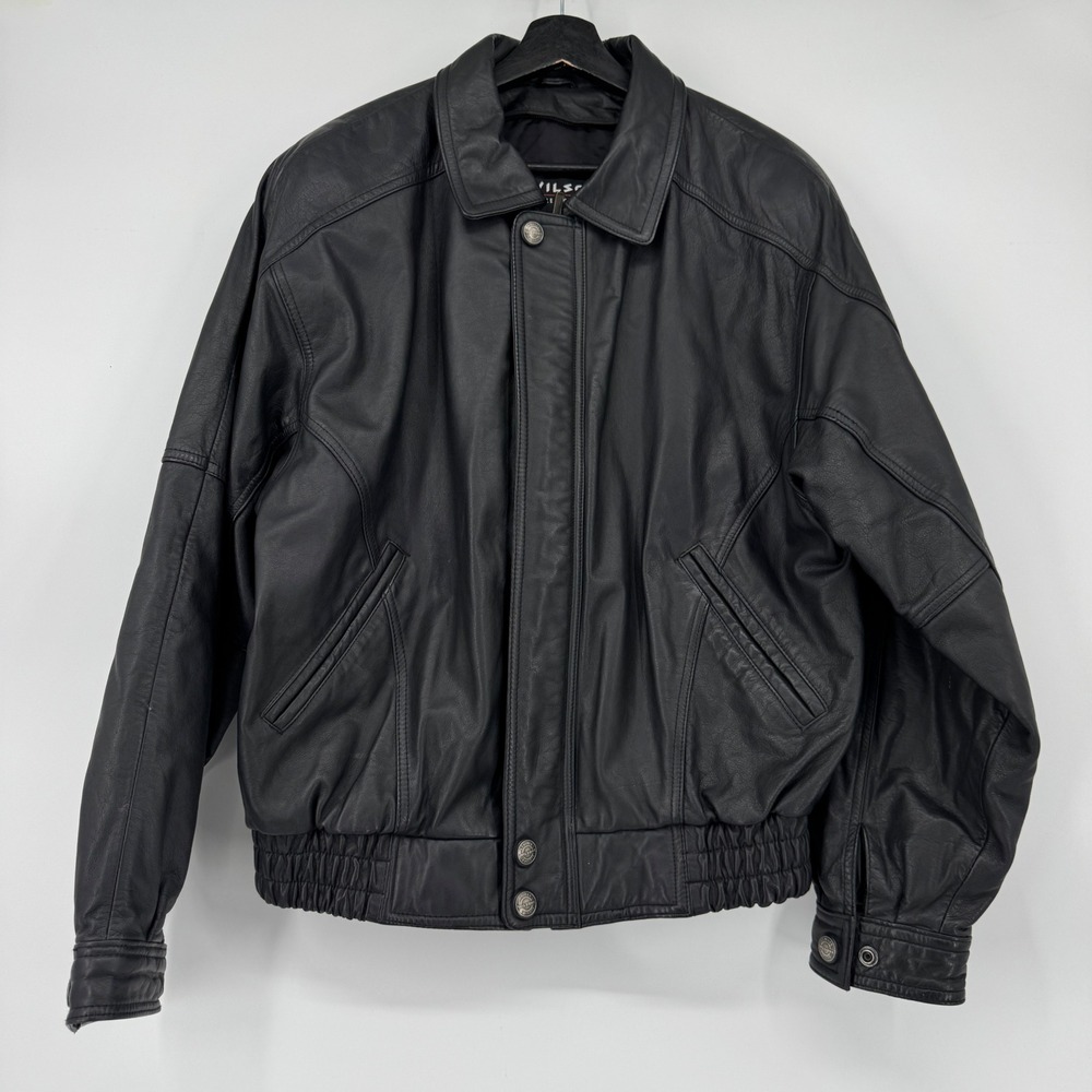 Wilsons Leather Mens Black Bomber Jacket Medium Vintage Zip Up Moto Biker